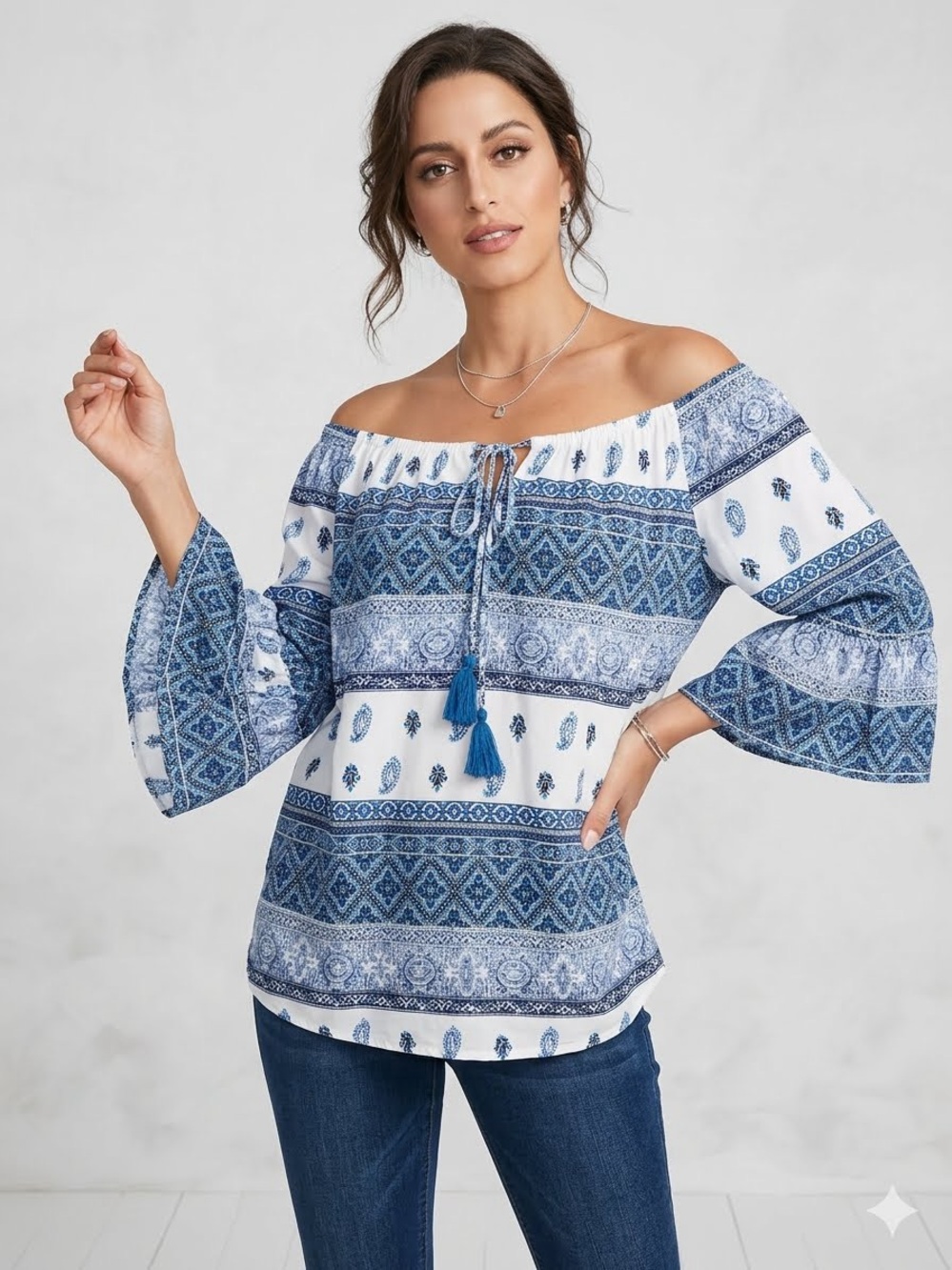 Como Vintage Paisley Bell Sleeve Peasant Top